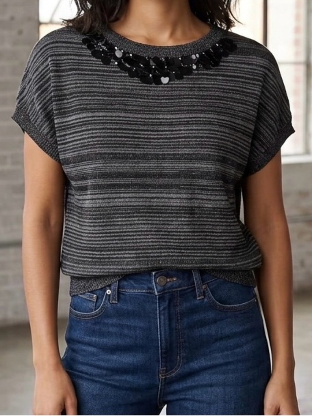 LOFT Short Sleeve Dolman Wool Sweater With Decorative Crewneck Size Medium